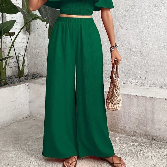 Green Boho Womens Off Shoulder Ruffle Trim Top & Wide Leg Pants - Picture 5 of 5